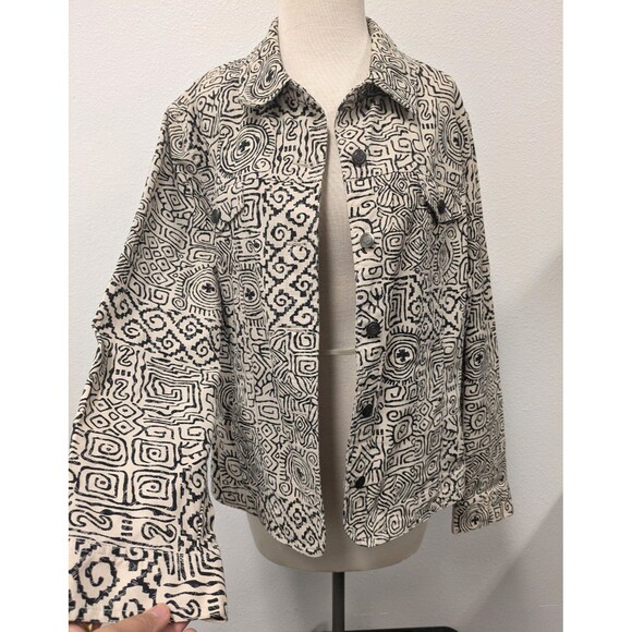 JM Collection Ivory Black Aztec Geometric Canvas Jacket sz XL Block Print - Picture 2 of 13